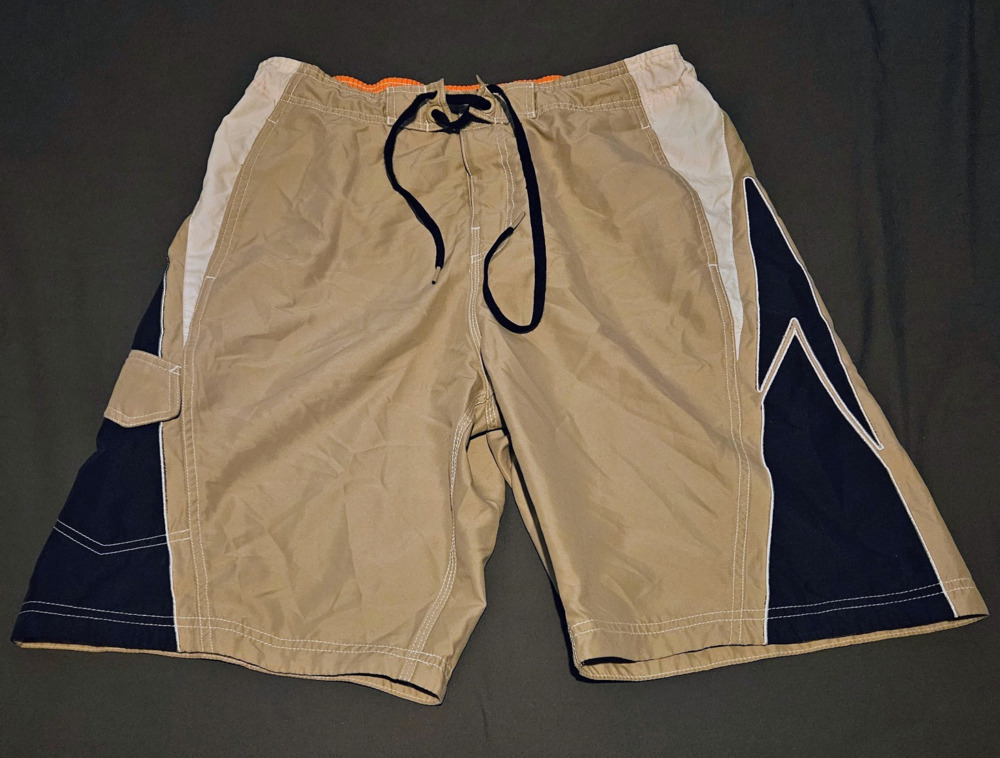Speedo Men's Shorts Swim Trunks M Khaki Tan Navy Orange Drawstring Surf EUC